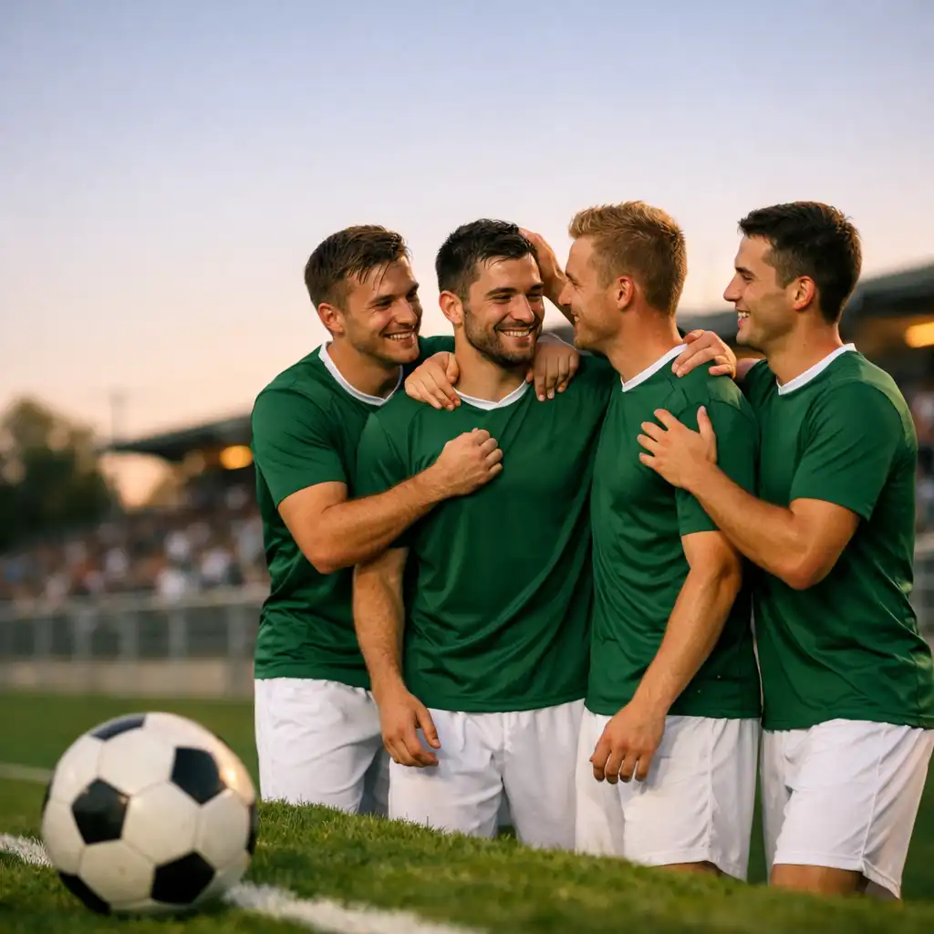 Petite équipe de football célébrant près du bord du terrain