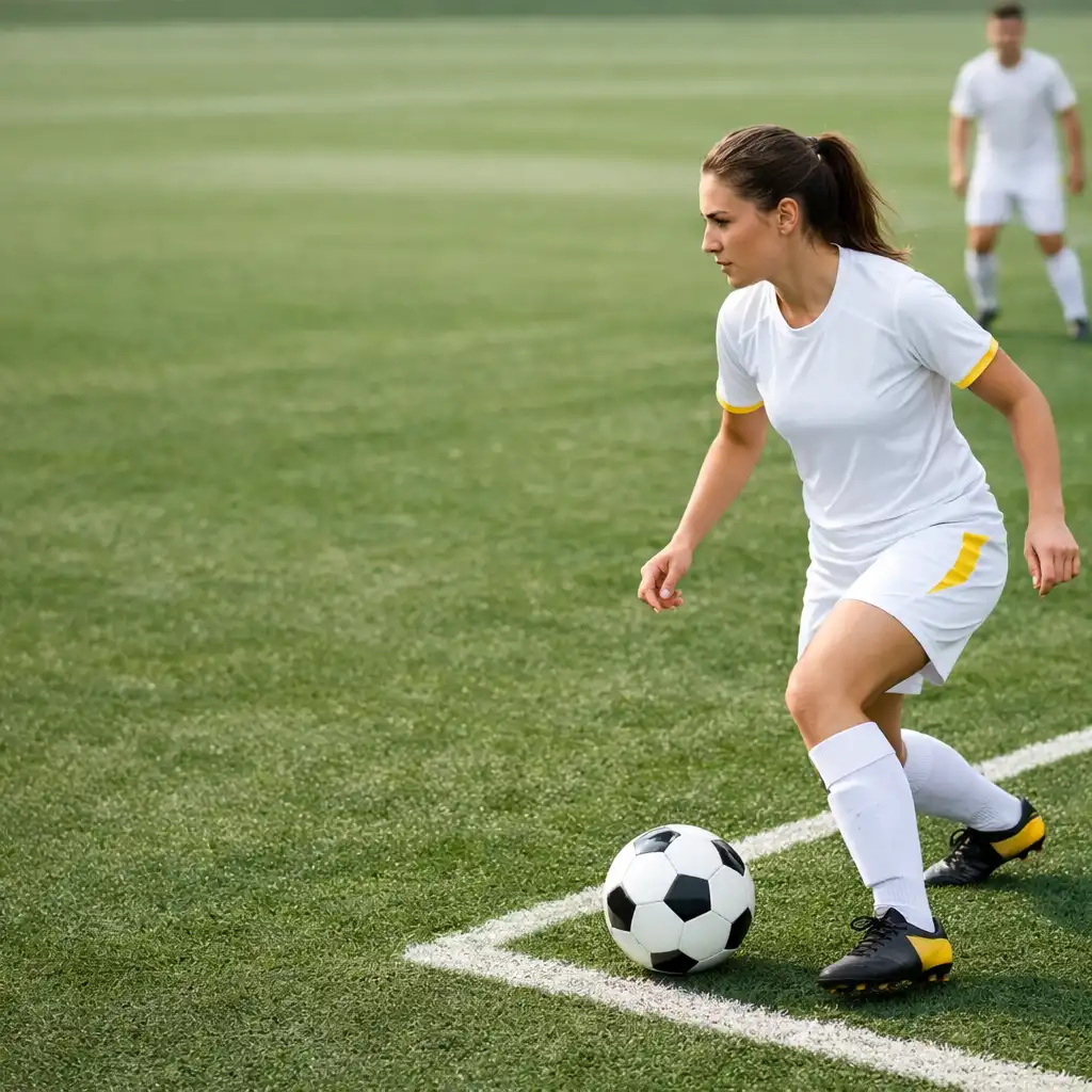 Joueuse préparant une passe courte sur un terrain de mini football
