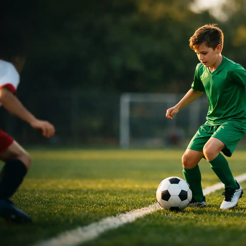 Joueur en tenue verte conduisant le ballon face à un adversaire pendant un mini match de football.