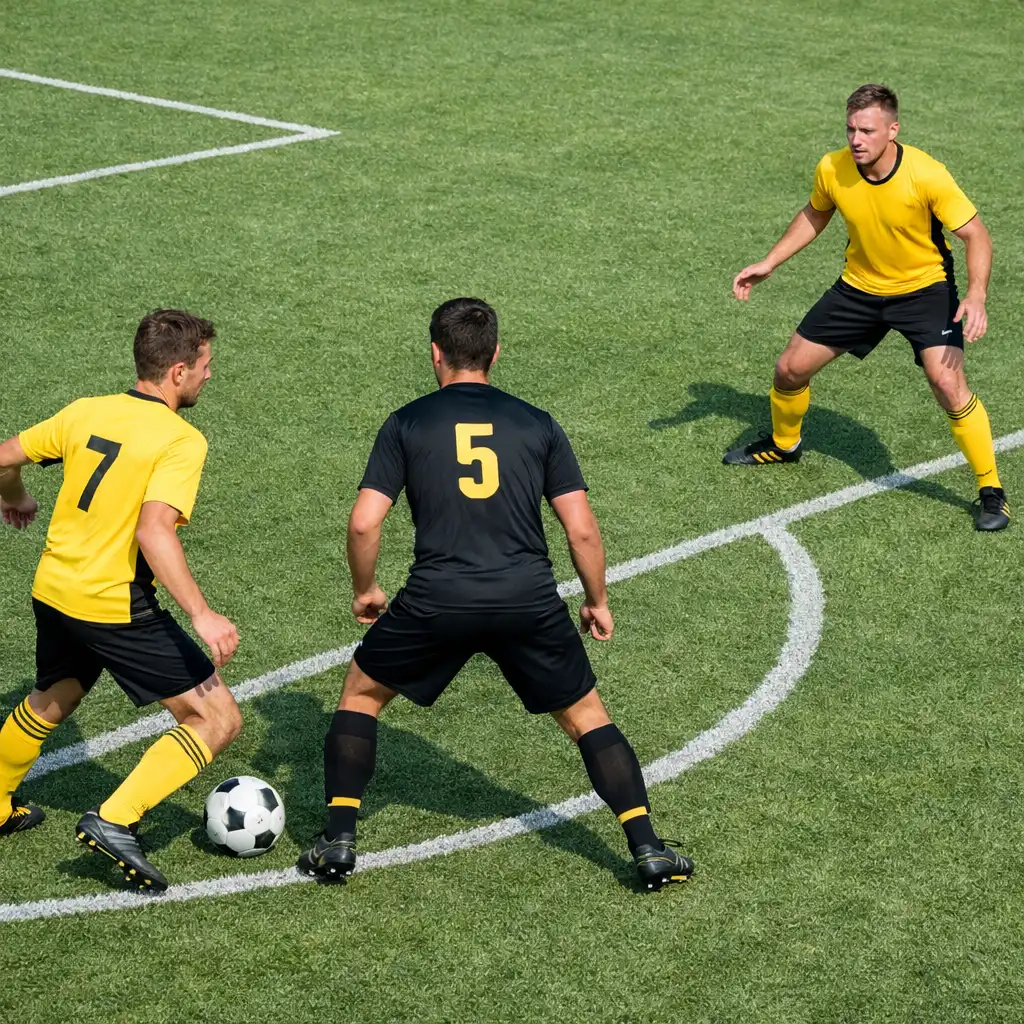 Trois joueurs se placent en triangle pendant une phase de passe rapide sur une pelouse de football.