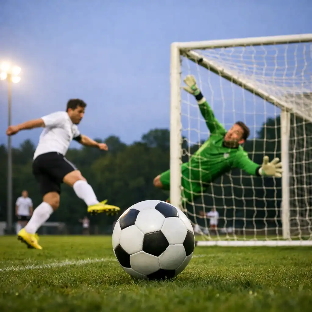 Joueur qui frappe le ballon devant un gardien en mouvement dans un petit match de football.