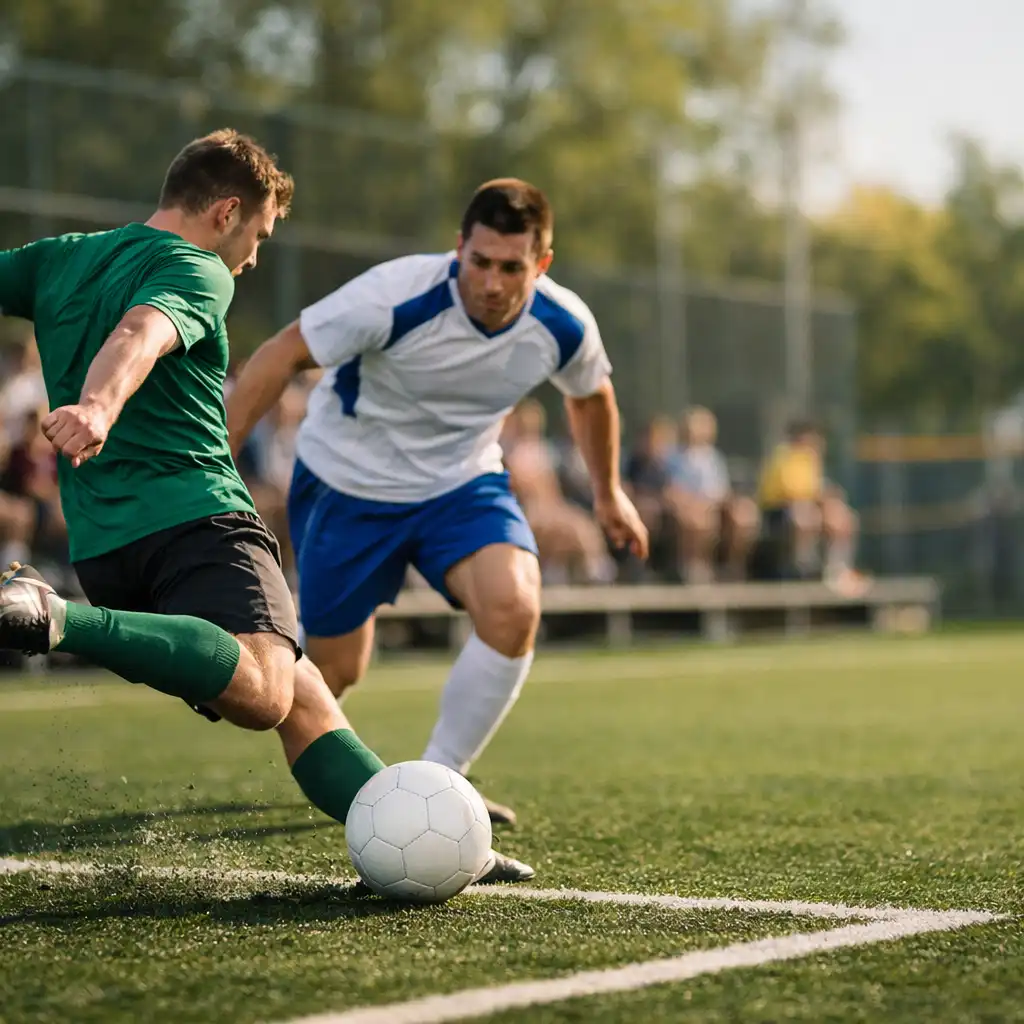Joueur en maillot vert frappant le ballon pendant un match de football
