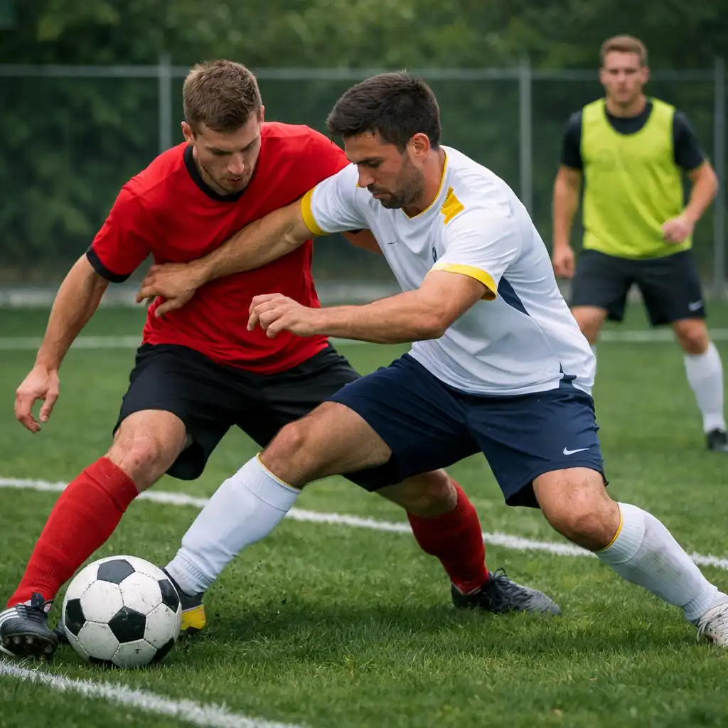 Duel entre deux joueurs autour du ballon avec un partenaire démarqué