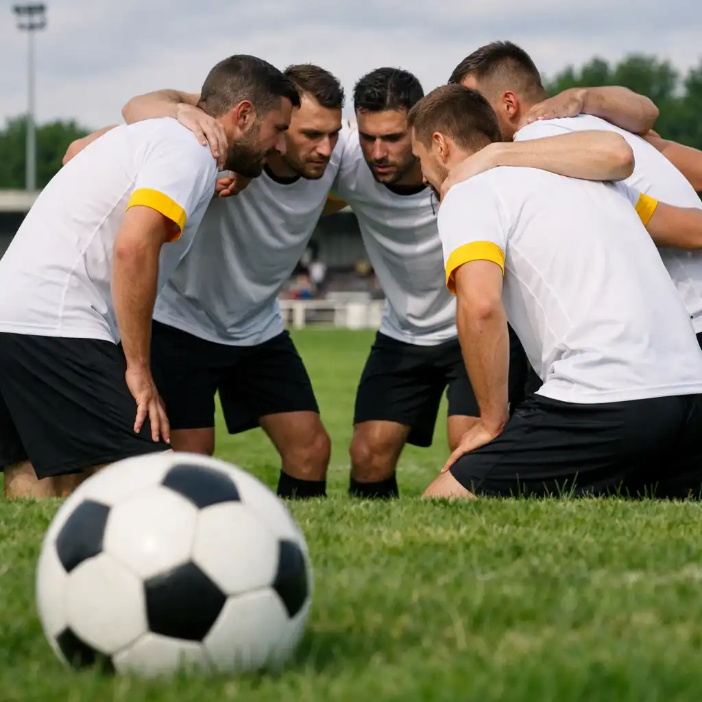 Une équipe de football se réunit en cercle avant un match.