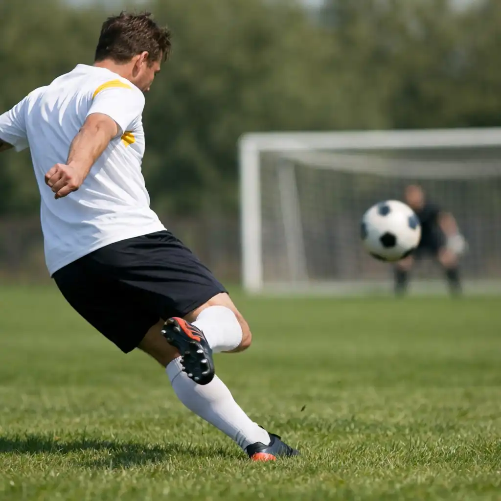 Un joueur frappe le ballon en direction du but pendant une action de match