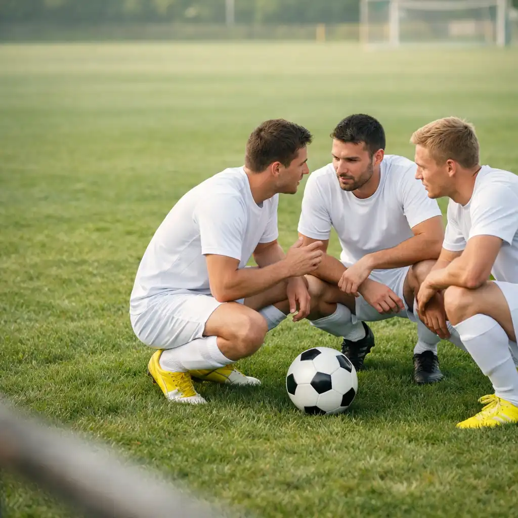 Trois joueurs discutent d’une stratégie autour d’un ballon avant un match