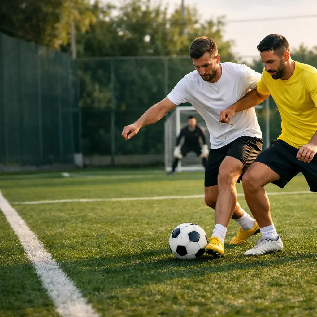 Deux joueurs disputent le ballon lors d’un match de football à cinq sur un terrain extérieur.