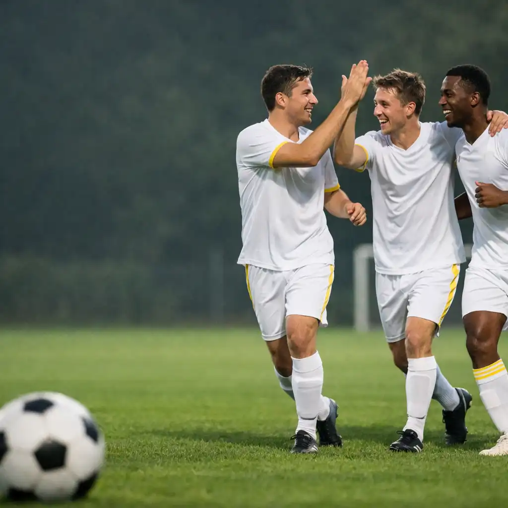 Trois joueurs de football se replacent autour du ballon sur le terrain