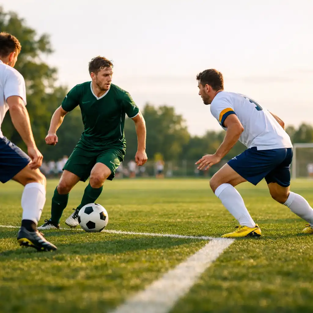 Joueur en maillot vert avançant avec le ballon face à deux défenseurs