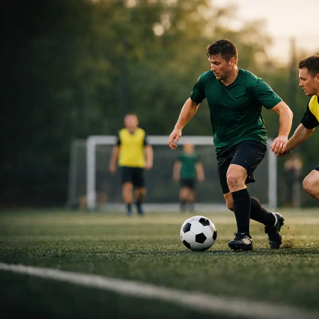 Joueur en maillot vert avançant avec le ballon vers le but pendant qu’un défenseur arrive de côté