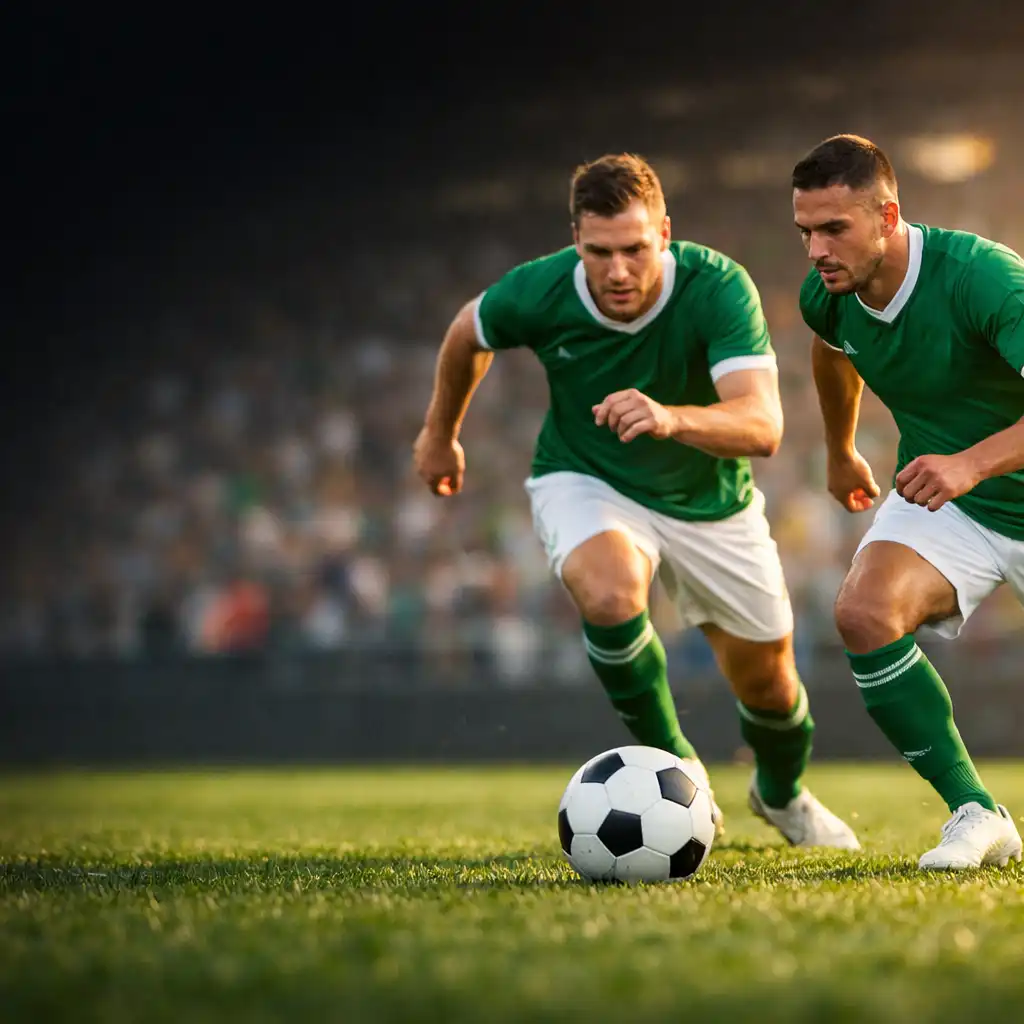 Deux joueurs convergent vers le ballon au coup d’envoi d’un match de football