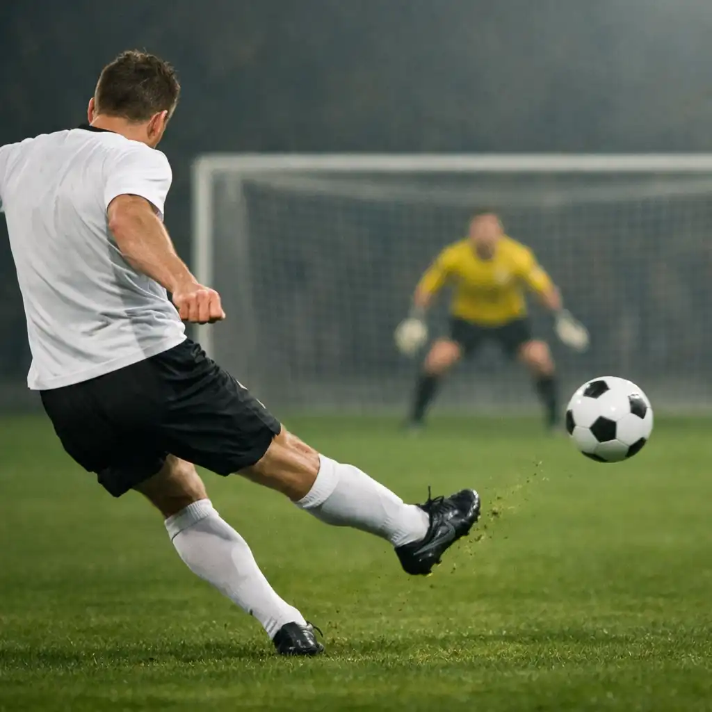 Un joueur frappe le ballon vers le but lors d’une action décisive